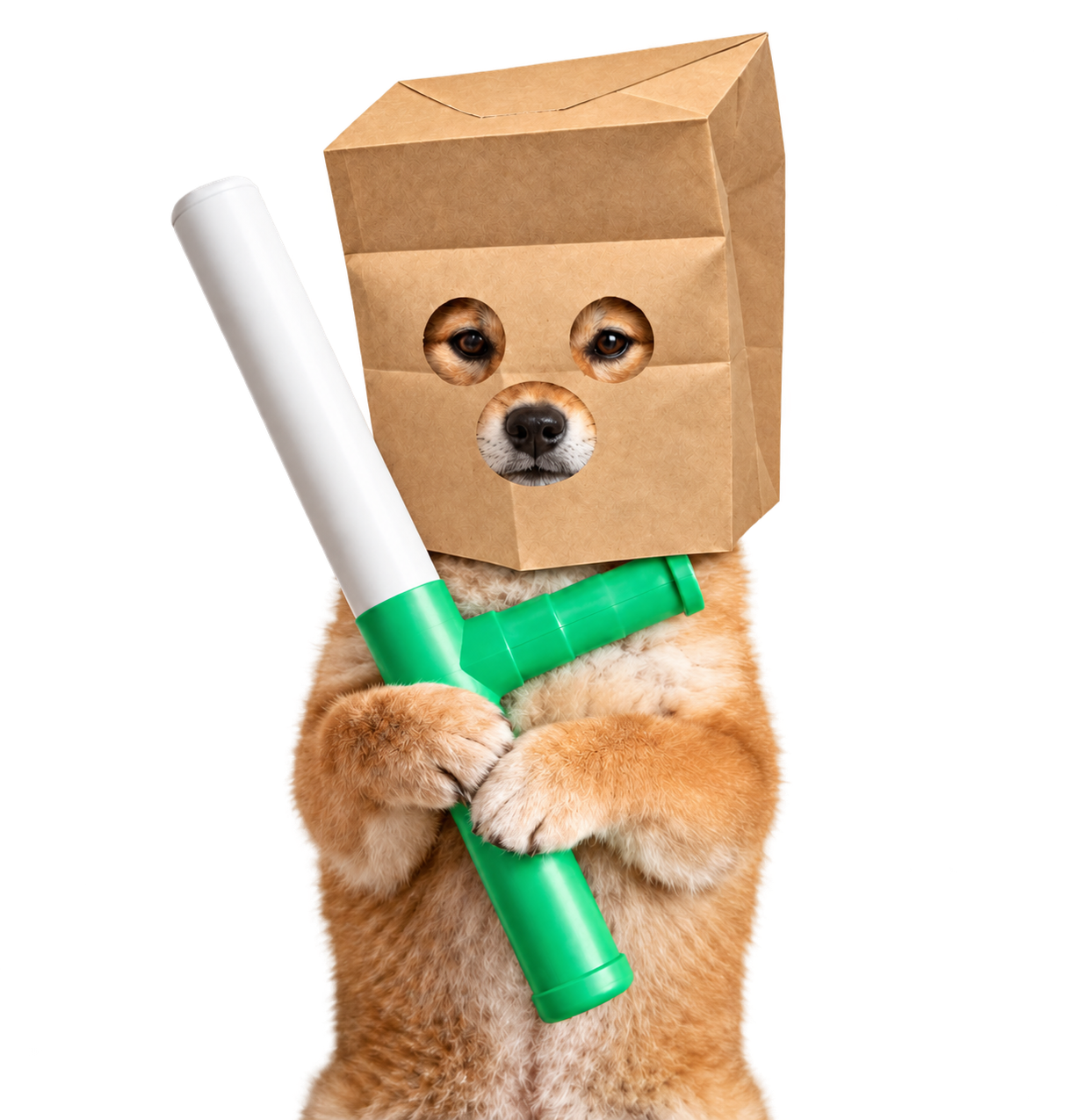 ANONBATON — a golden dog in a paper-bag mask holding a green and white baton